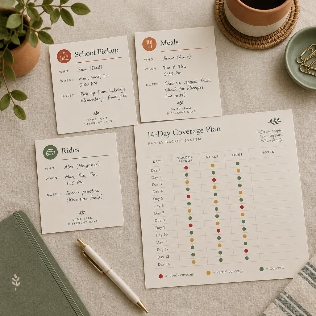 Printable handoff cards for school pickup, meals, and rides beside a 14-day coverage plan sheet